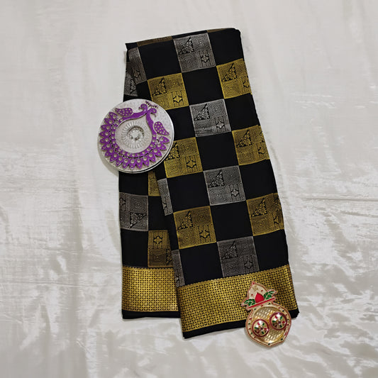 PureMysoreSilk black-grey-gold boxed design Saree