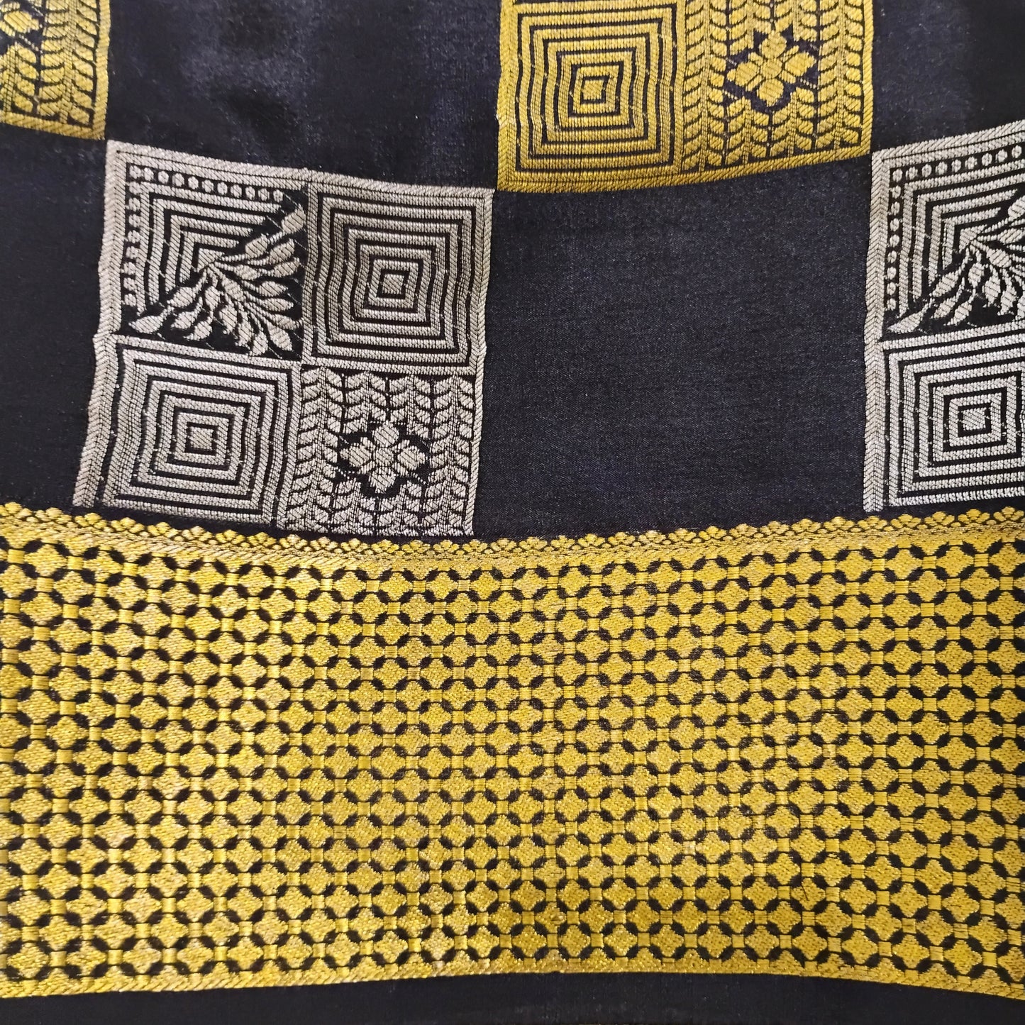PureMysoreSilk black-grey-gold boxed design Saree
