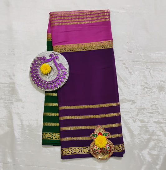 PureMysoreSilk pink-purple-green tri colored Saree