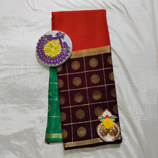 PureMysoreSilk orange-brown-green chequered tri-color Saree
