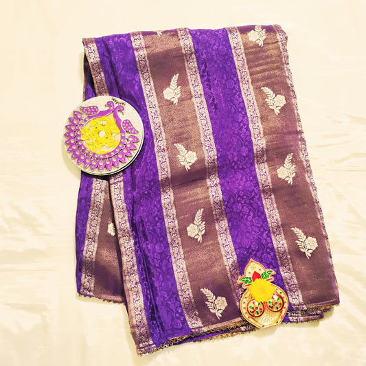 SatinTissue purple-brown striped design Saree