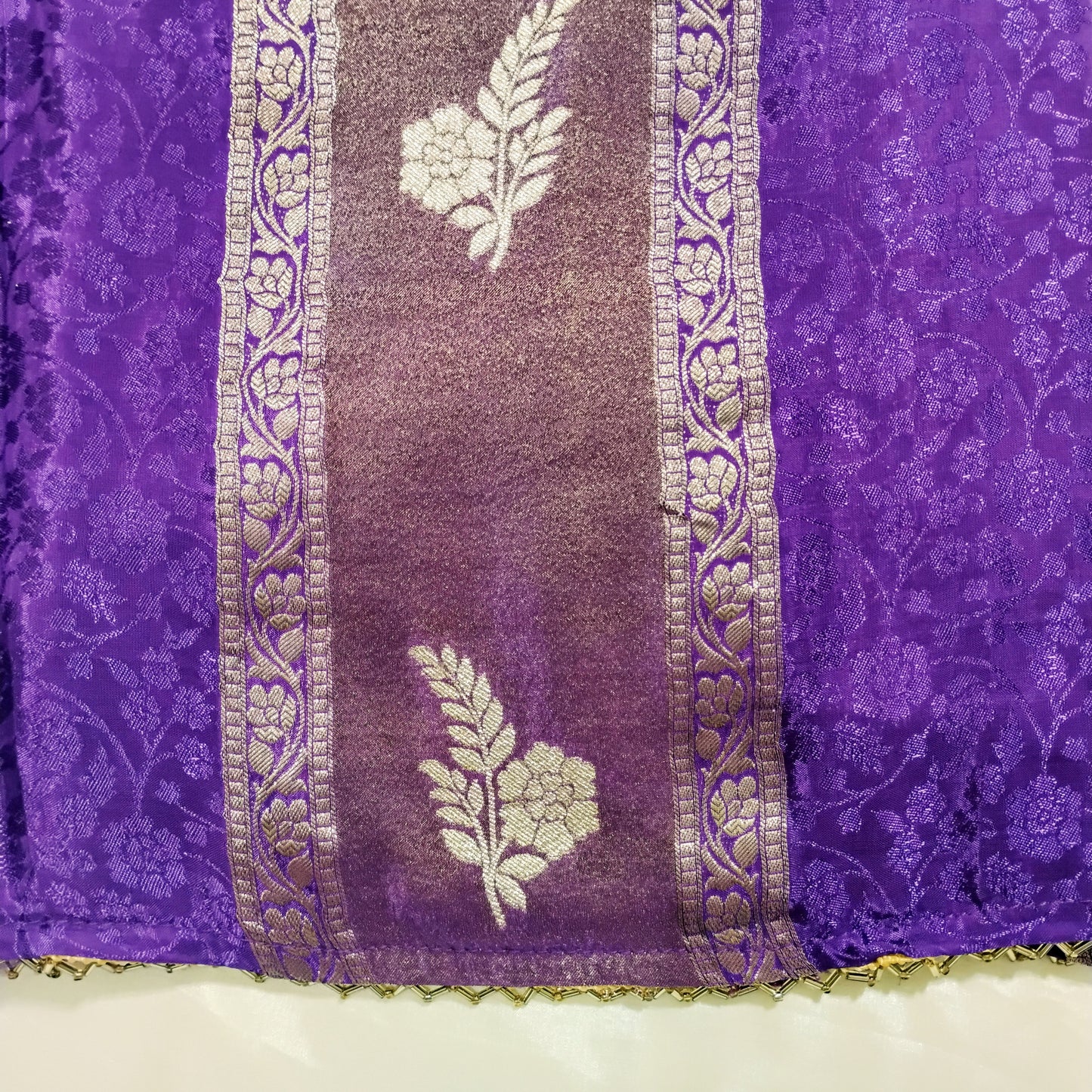 SatinTissue purple-brown striped design Saree