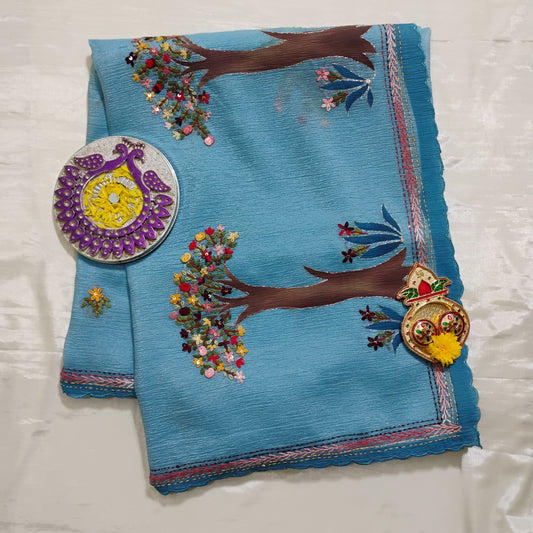 Embellished work Sky-Blue Tree patterned Saree