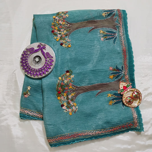 Embellished work cyan-blue Tree patterned Saree