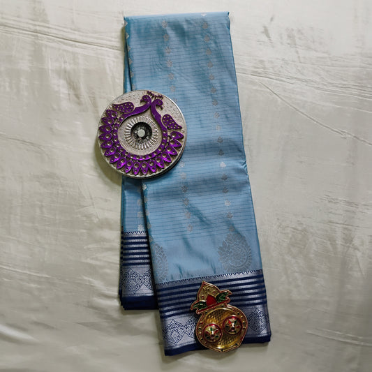 SemiSilk bright blue striped Saree