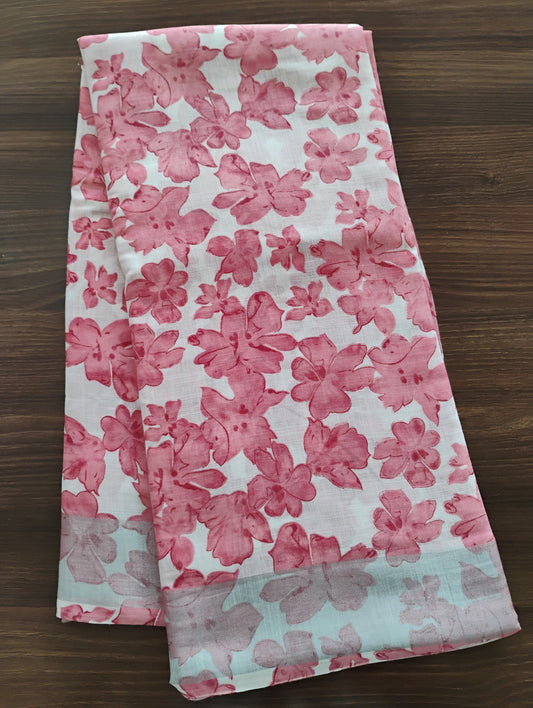 LinenCotton Pink White Floral Saree