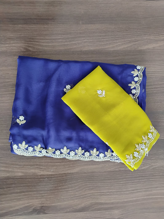 Embellished work blue saree