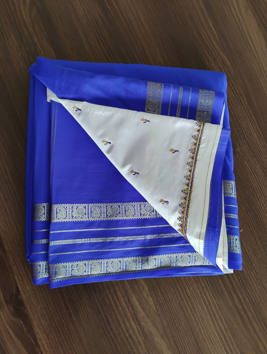 Blue-White Semi Mysore Silk Saree