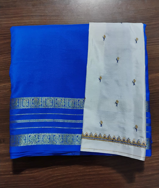 Blue-White Semi Mysore Silk Saree