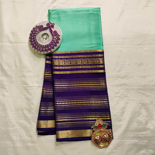 PureMysoreSilk Pista green with violetish-blue equal border Saree