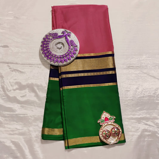 PureMysoreSilk Pink Navy-Bottle Green border Saree