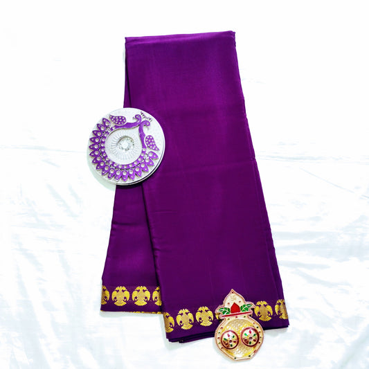 PureMysoreSilk Violet with golden Gandaberunda border Saree