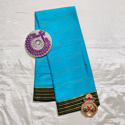 PureMysoreSilk Sky Blue with green border Saree