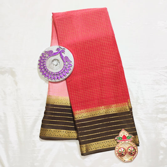 PureMysoreSilk red checkered with brown border Saree
