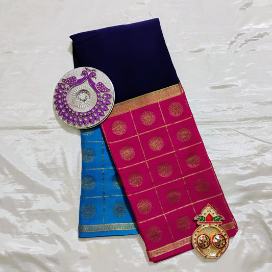 PureMysoreSilk with Blue-Red boxed design Saree