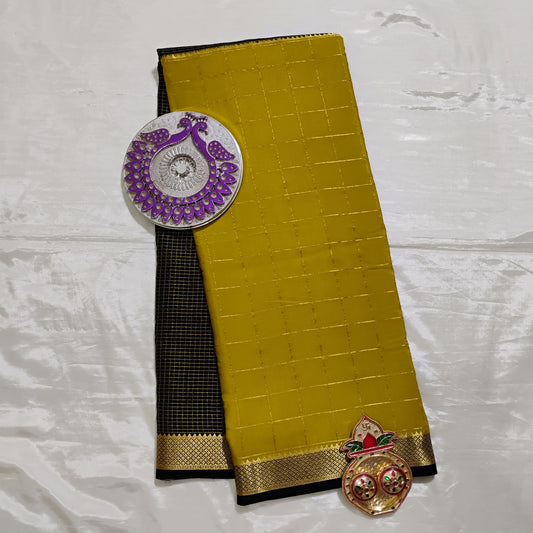 PureMysoreSilk khakee-black checkered double border Saree