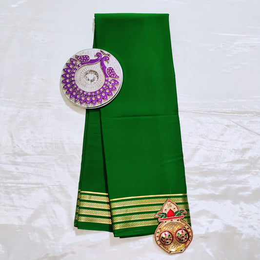 PureMysoreSilk Bottle Green with golden triangle border Saree