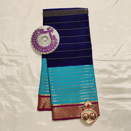PureMysoreSilk Sky-Blue Navy-Blue dual tone Saree