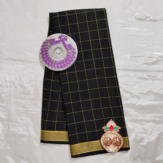 PureMysoreSilk Jet black with checkered design Saree